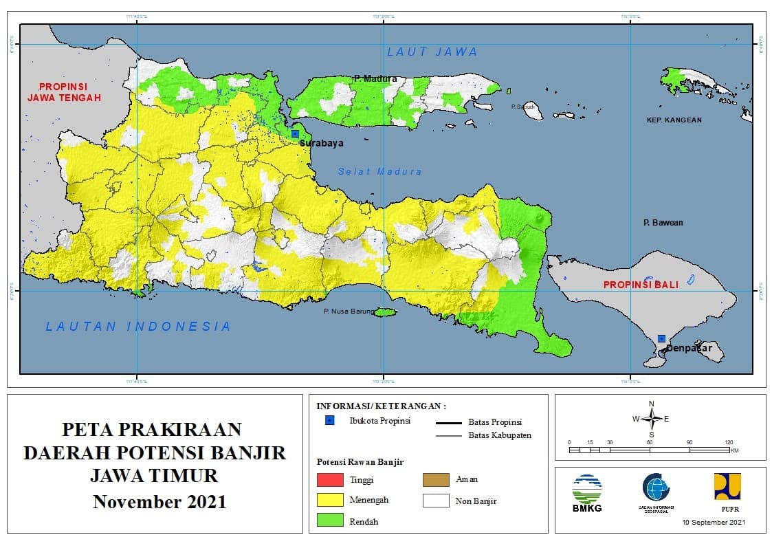 (Prakiraan - Bulanan) Daerah Potensi Banjir di Provinsi Jawa Timur untuk Bulan NOVEMBER Tahun 2021 Update 10 September 2021