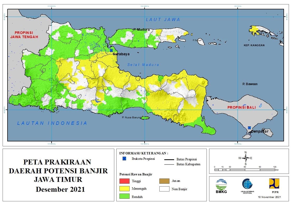 (Prakiraan - Bulanan) Daerah Potensi Banjir di Provinsi Jawa Timur untuk Bulan DESEMBER Tahun 2021 Update 10 NOVEMBER 2021