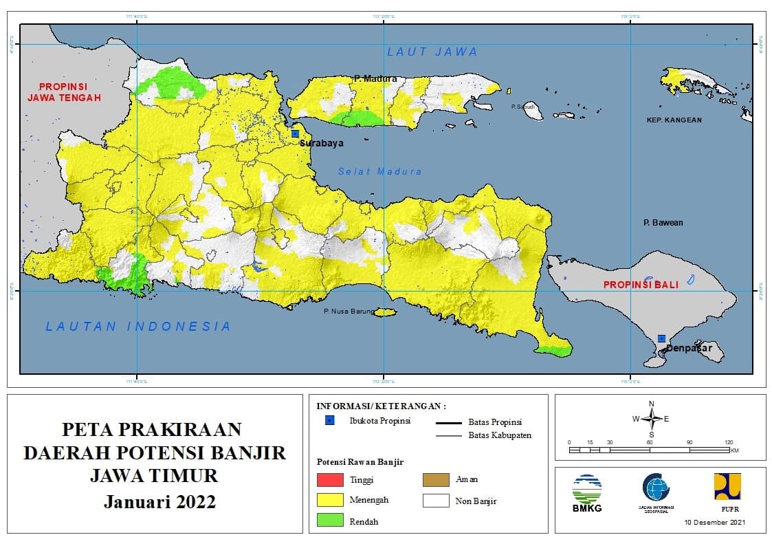 (Prakiraan - Bulanan) Daerah Potensi Banjir di Provinsi Jawa Timur untuk Bulan JANUARI Tahun 2022 Update 10 Desember 2021