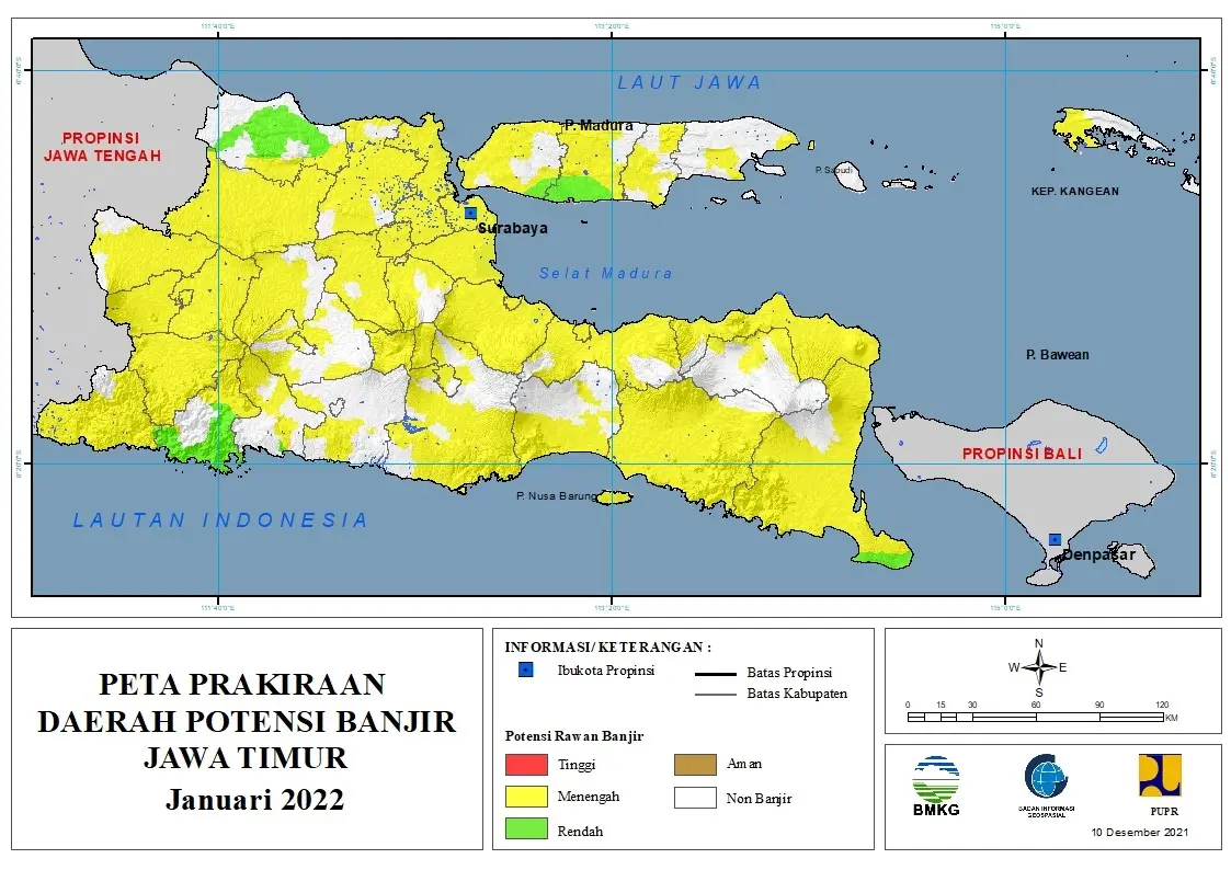 (Prakiraan - Bulanan) Daerah Potensi Banjir di Provinsi Jawa Timur untuk Bulan JANUARI Tahun 2022 Update 10 Desember 2021