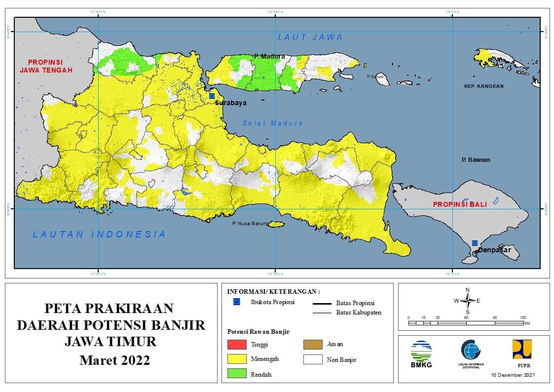 (Prakiraan - Bulanan) Daerah Potensi Banjir di Provinsi Jawa Timur untuk Bulan MARET Tahun 2022 Update 10 Desember 2021
