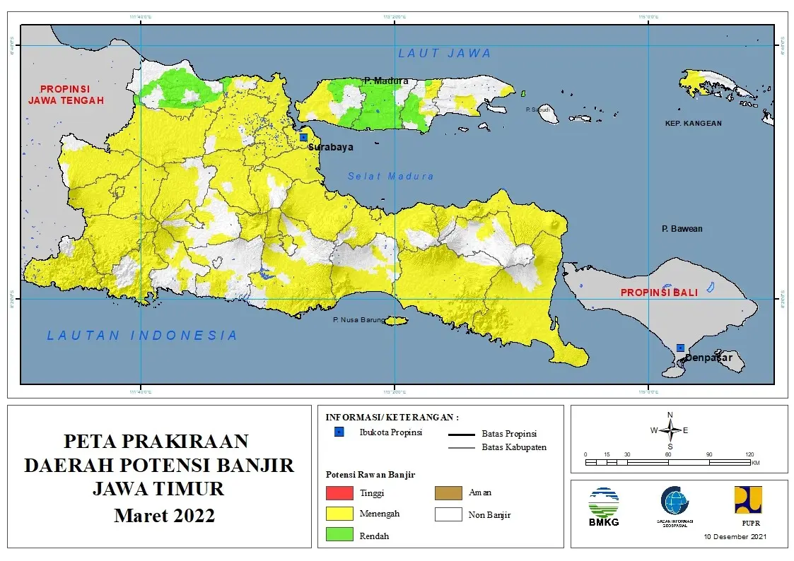 (Prakiraan - Bulanan) Daerah Potensi Banjir di Provinsi Jawa Timur untuk Bulan MARET Tahun 2022 Update 10 Desember 2021