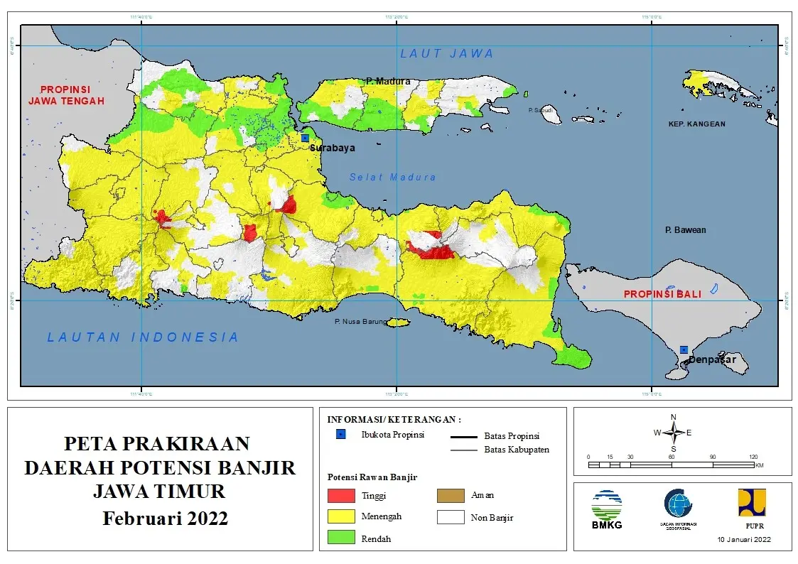 (Prakiraan - Bulanan) Daerah Potensi Banjir di Provinsi Jawa Timur untuk Bulan FEBRUARI Tahun 2022 Update 10 Januari 2022