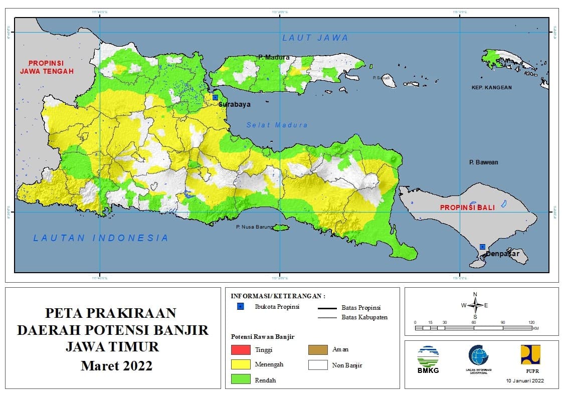 (Prakiraan - Bulanan) Daerah Potensi Banjir di Provinsi Jawa Timur untuk Bulan MARET Tahun 2022 Update 10 Januari 2022