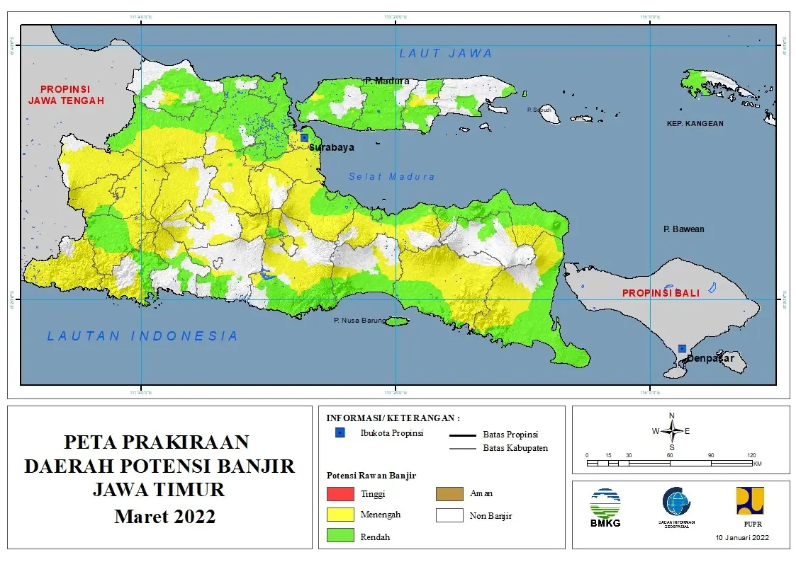 (Prakiraan - Bulanan) Daerah Potensi Banjir di Provinsi Jawa Timur untuk Bulan MARET Tahun 2022 Update 10 Januari 2022