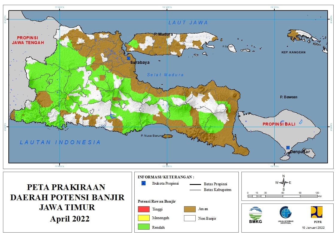 (Prakiraan - Bulanan) Daerah Potensi Banjir di Provinsi Jawa Timur untuk Bulan APRIL Tahun 2022 Update 10 Januari 2022