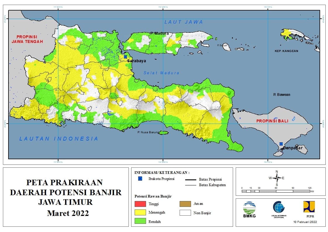 ( Prakiraan - Bulanan ) Daerah Potensi Banjir di Provinsi Jawa Timur untuk Bulan MARET Tahun 2022 Update 10 Februari 2022