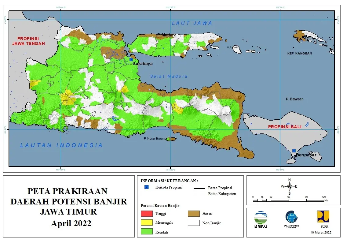 ( Prakiraan - Bulanan ) Daerah Potensi Banjir di Provinsi Jawa Timur untuk Bulan APRIL Tahun 2022 Update 10 Maret 2022