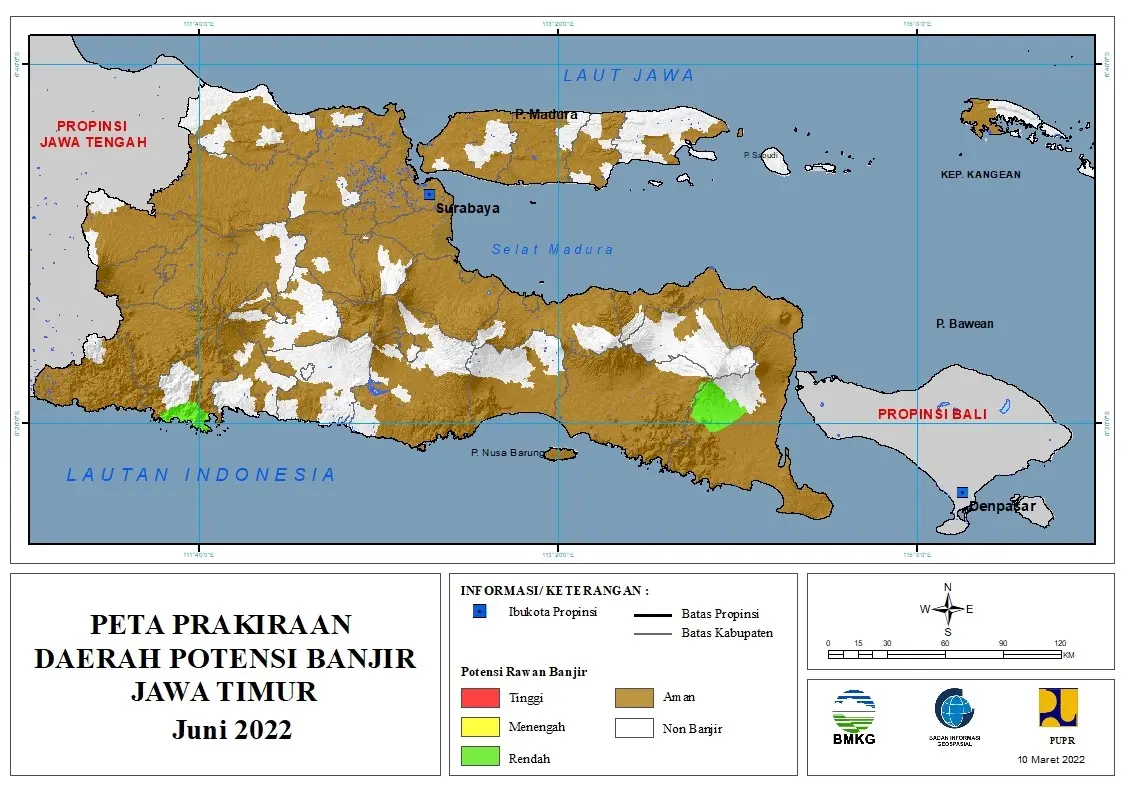 ( Prakiraan - Bulanan ) Daerah Potensi Banjir di Provinsi Jawa Timur untuk Bulan JUNI Tahun 2022 Update 10 Maret 2022