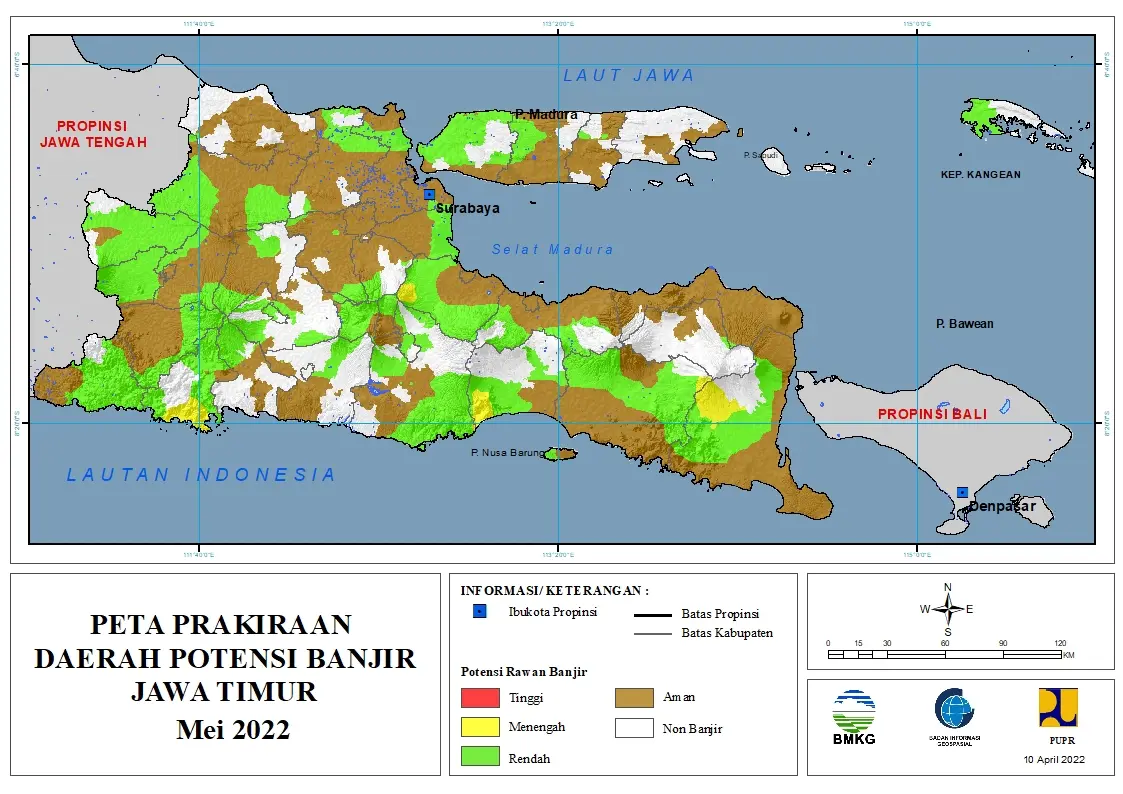 ( Prakiraan - Bulanan ) Daerah Potensi Banjir di Provinsi Jawa Timur untuk Bulan MEI Tahun 2022 Update 10 April 2022