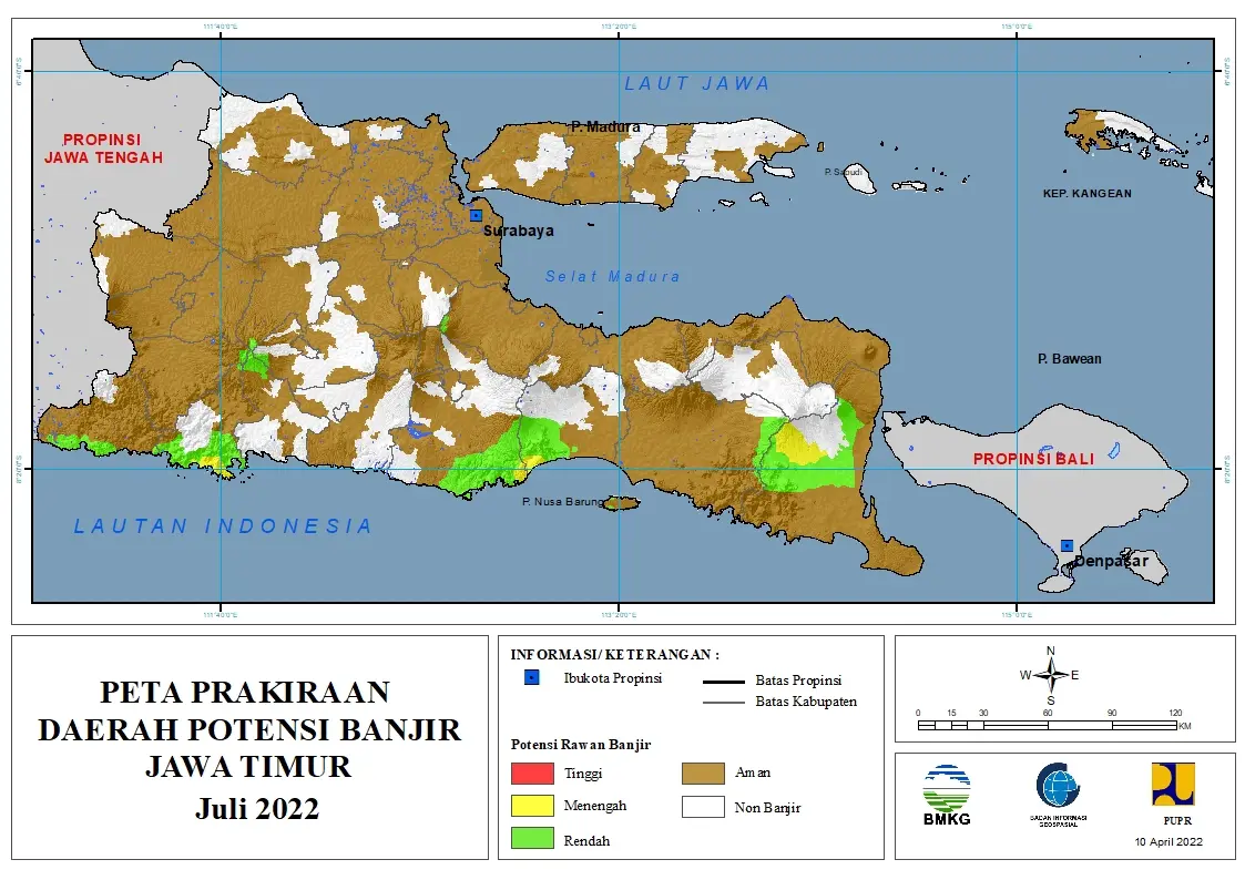 ( Prakiraan - Bulanan ) Daerah Potensi Banjir di Provinsi Jawa Timur untuk Bulan JULI Tahun 2022 Update 10 April 2022