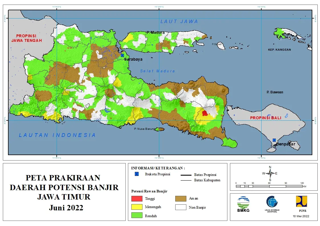 ( Prakiraan - Bulanan ) Daerah Potensi Banjir di Provinsi Jawa Timur untuk Bulan JUNI Tahun 2022 Update 10 Mei 2022
