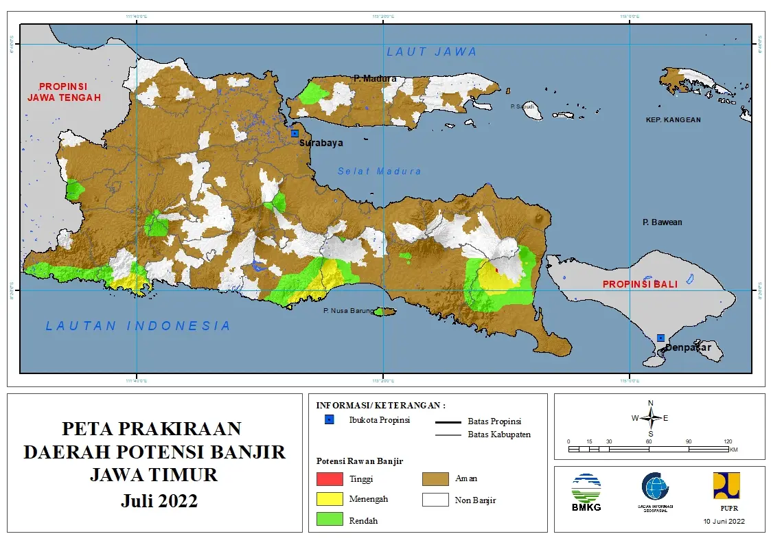 ( Prakiraan - Bulanan ) Daerah Potensi Banjir di Provinsi Jawa Timur untuk Bulan JULI Tahun 2022 Update 10 Juni 2022