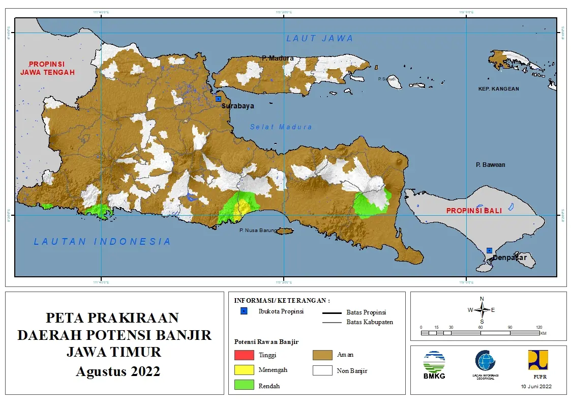 ( Prakiraan - Bulanan ) Daerah Potensi Banjir di Provinsi Jawa Timur untuk Bulan AGUSTUS Tahun 2022 Update 10 Juni 2022