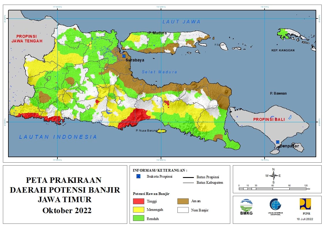 ( Prakiraan - Bulanan ) Daerah Potensi Banjir di Provinsi Jawa Timur untuk Bulan JULI Tahun 2022 Update 10 Juli 2022