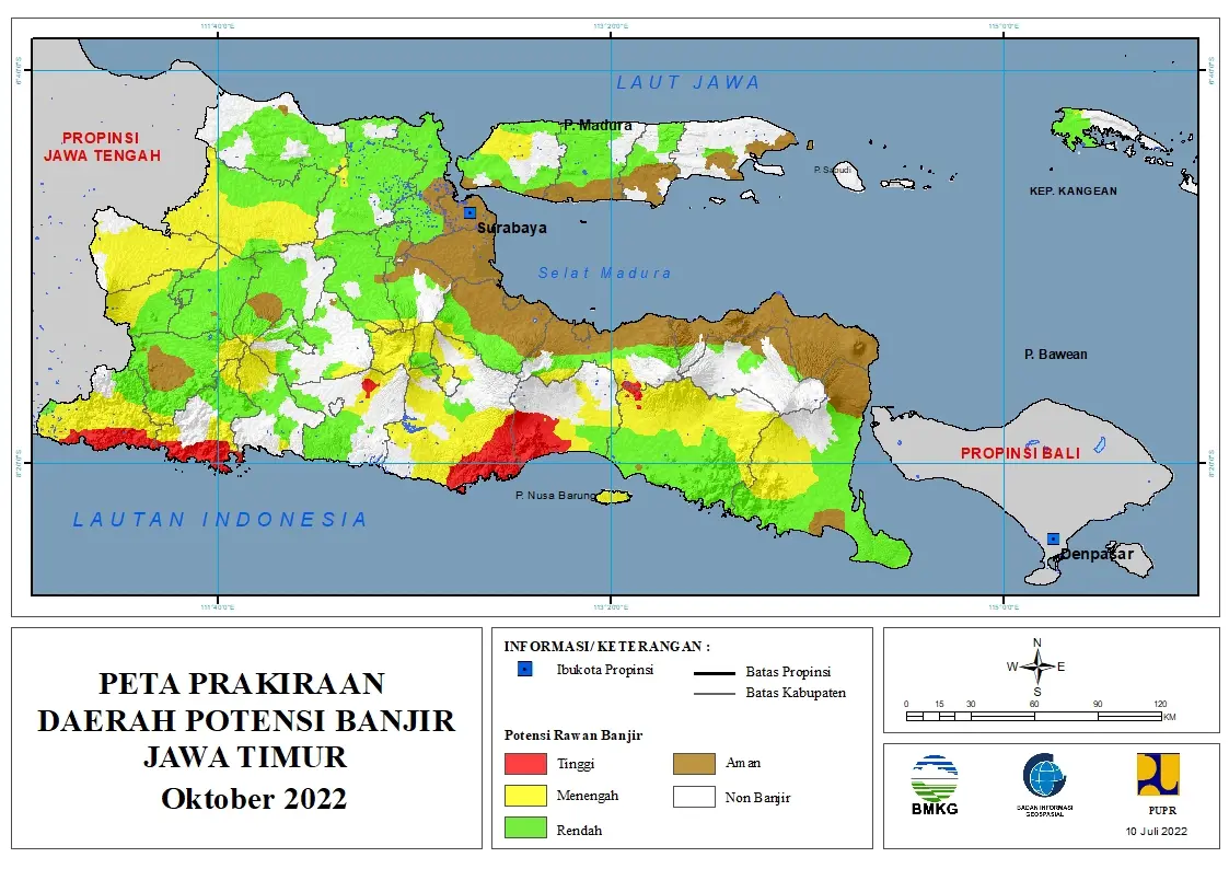 ( Prakiraan - Bulanan ) Daerah Potensi Banjir di Provinsi Jawa Timur untuk Bulan OKTOBER Tahun 2022 Update 10 Juli 2022