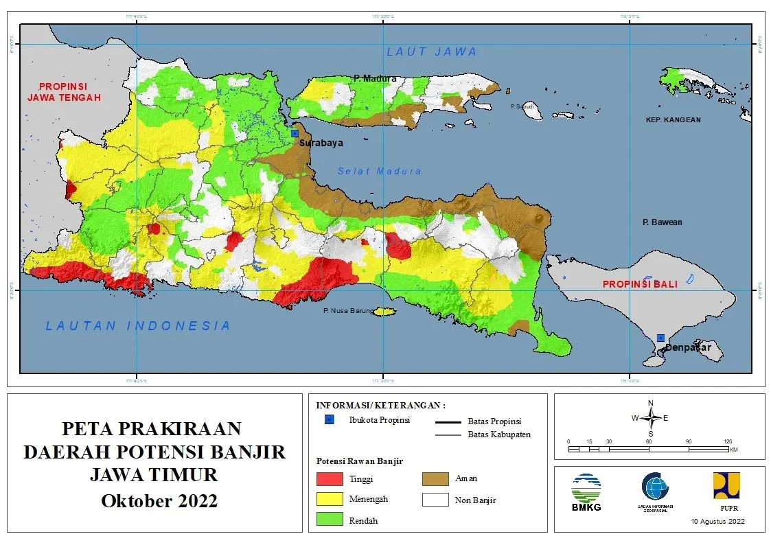 ( Prakiraan - Bulanan ) Daerah Potensi Banjir di Provinsi Jawa Timur untuk Bulan OKTOBER Tahun 2022 Update 10 Agustus 2022