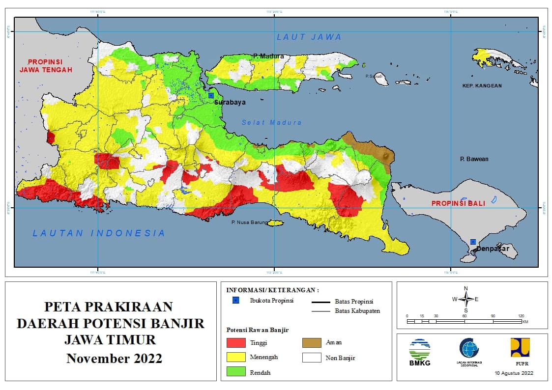 ( Prakiraan - Bulanan ) Daerah Potensi Banjir di Provinsi Jawa Timur untuk Bulan NOVEMBER Tahun 2022 Update 10 Agustus 2022