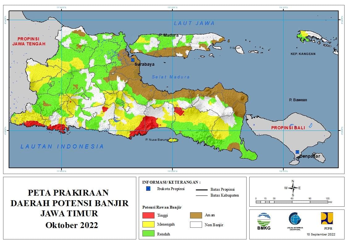 ( Prakiraan - Bulanan ) Daerah Potensi Banjir di Provinsi Jawa Timur untuk Bulan OKTOBER Tahun 2022 Update 10 September 2022