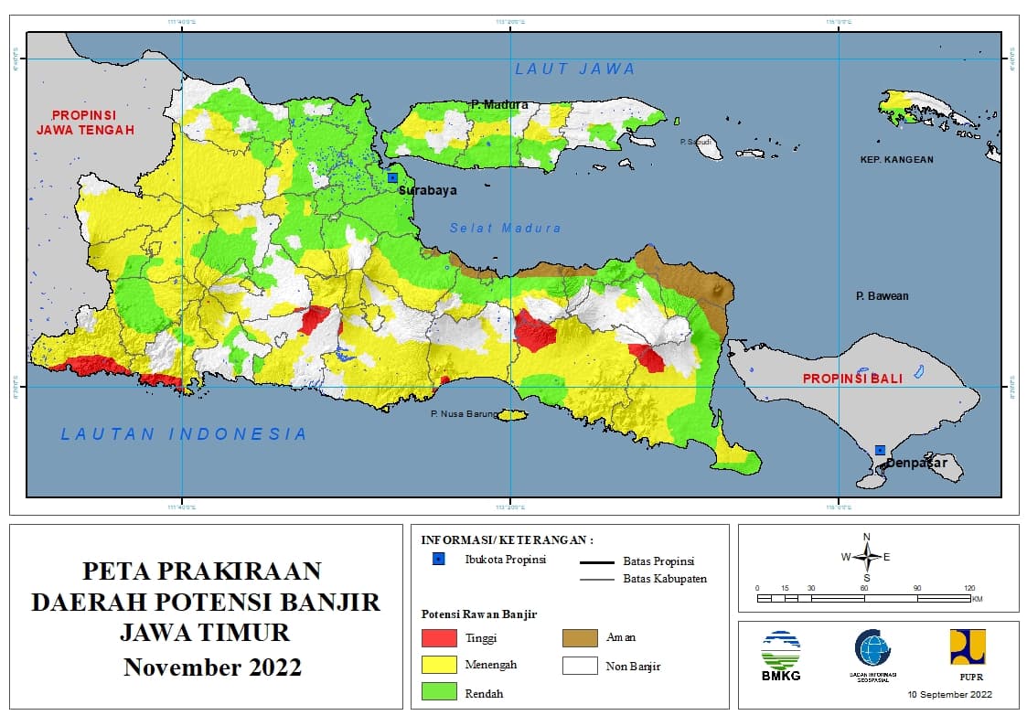 ( Prakiraan - Bulanan ) Daerah Potensi Banjir di Provinsi Jawa Timur untuk Bulan NOVEMBER Tahun 2022 Update 10 September 2022