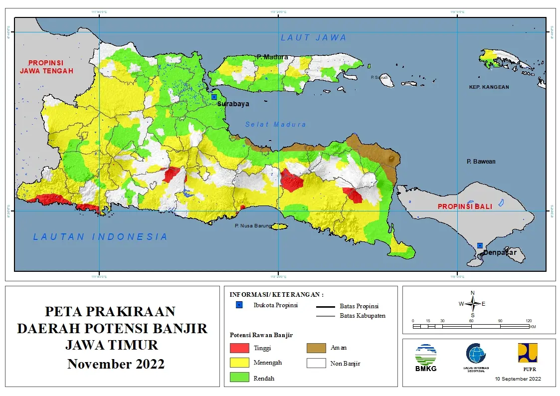( Prakiraan - Bulanan ) Daerah Potensi Banjir di Provinsi Jawa Timur untuk Bulan NOVEMBER Tahun 2022 Update 10 September 2022