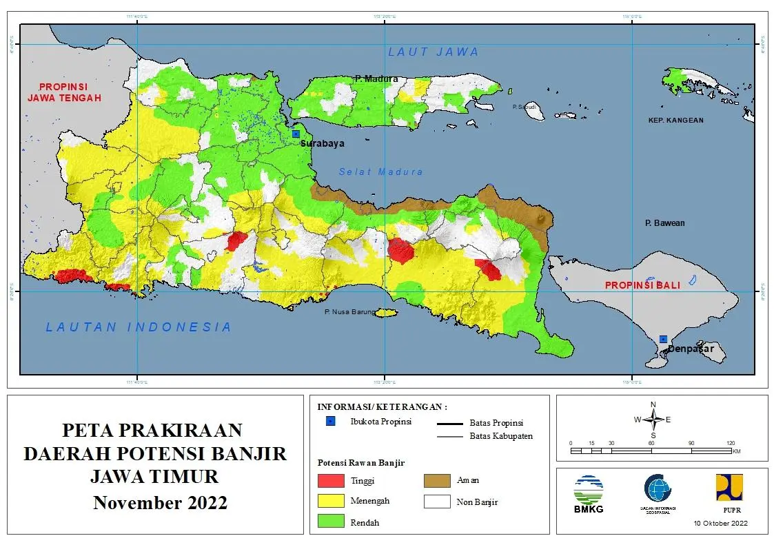 ( Prakiraan - Bulanan ) Daerah Potensi Banjir di Provinsi Jawa Timur untuk Bulan NOVEMBER Tahun 2022 Update 10 Oktober 2022
