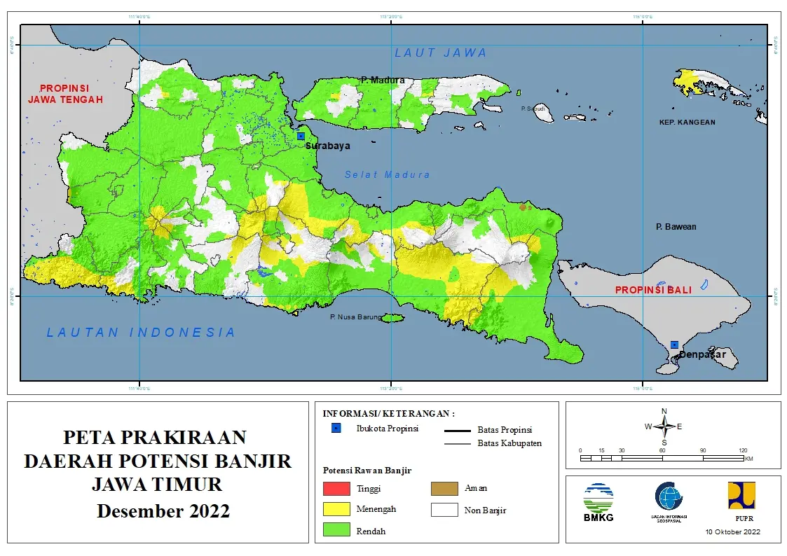 ( Prakiraan - Bulanan ) Daerah Potensi Banjir di Provinsi Jawa Timur untuk Bulan DESEMBER Tahun 2022 Update 10 Oktober 2022