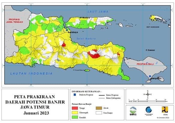( Prakiraan - Bulanan ) Daerah Potensi Banjir di Provinsi Jawa Timur untuk Bulan JANUARI Tahun 2023 Update 10 Oktober 2022