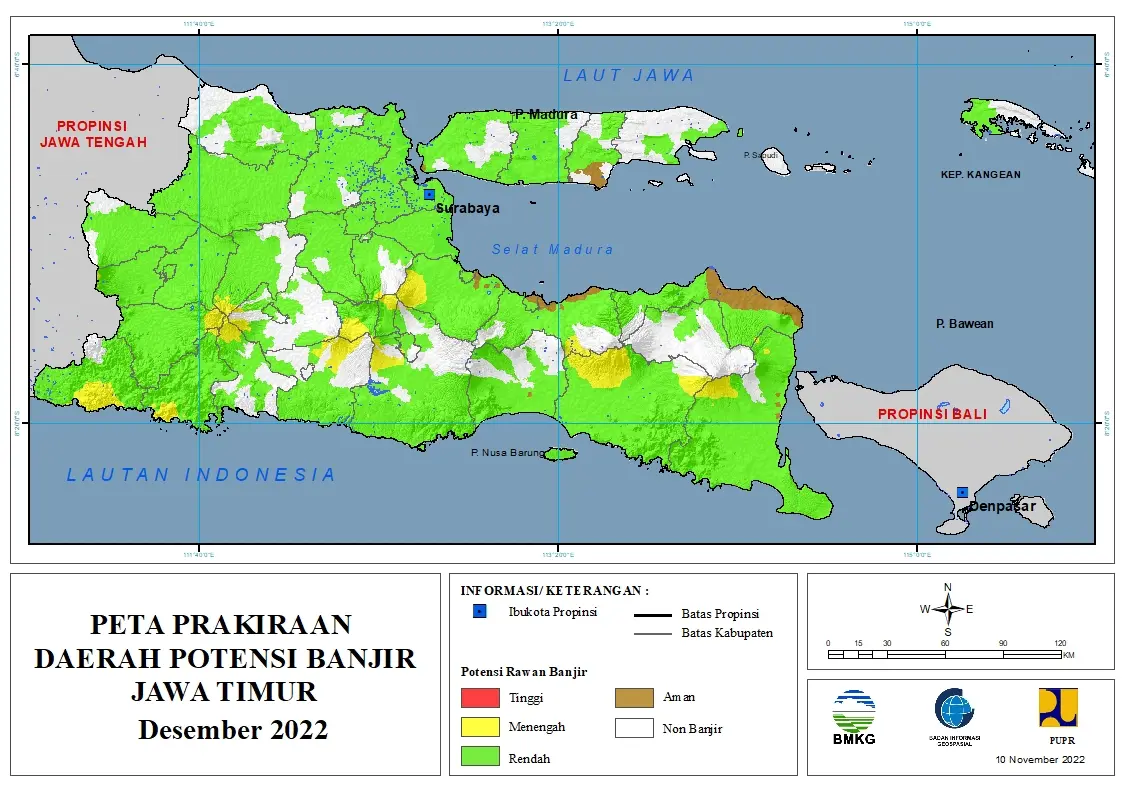 ( Prakiraan - Bulanan ) Daerah Potensi Banjir di Provinsi Jawa Timur untuk Bulan DESEMBER Tahun 2022 Update 10 November 2022