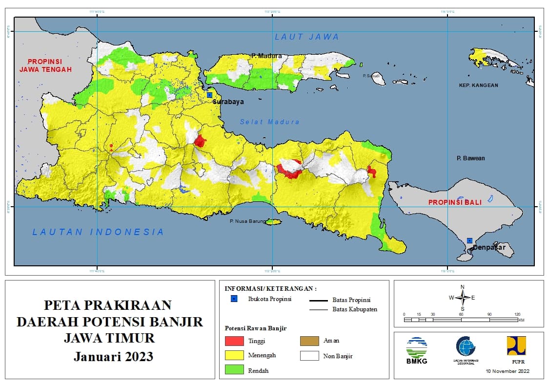( Prakiraan - Bulanan ) Daerah Potensi Banjir di Provinsi Jawa Timur untuk Bulan JANUARI Tahun 2023 Update 10 November 2022