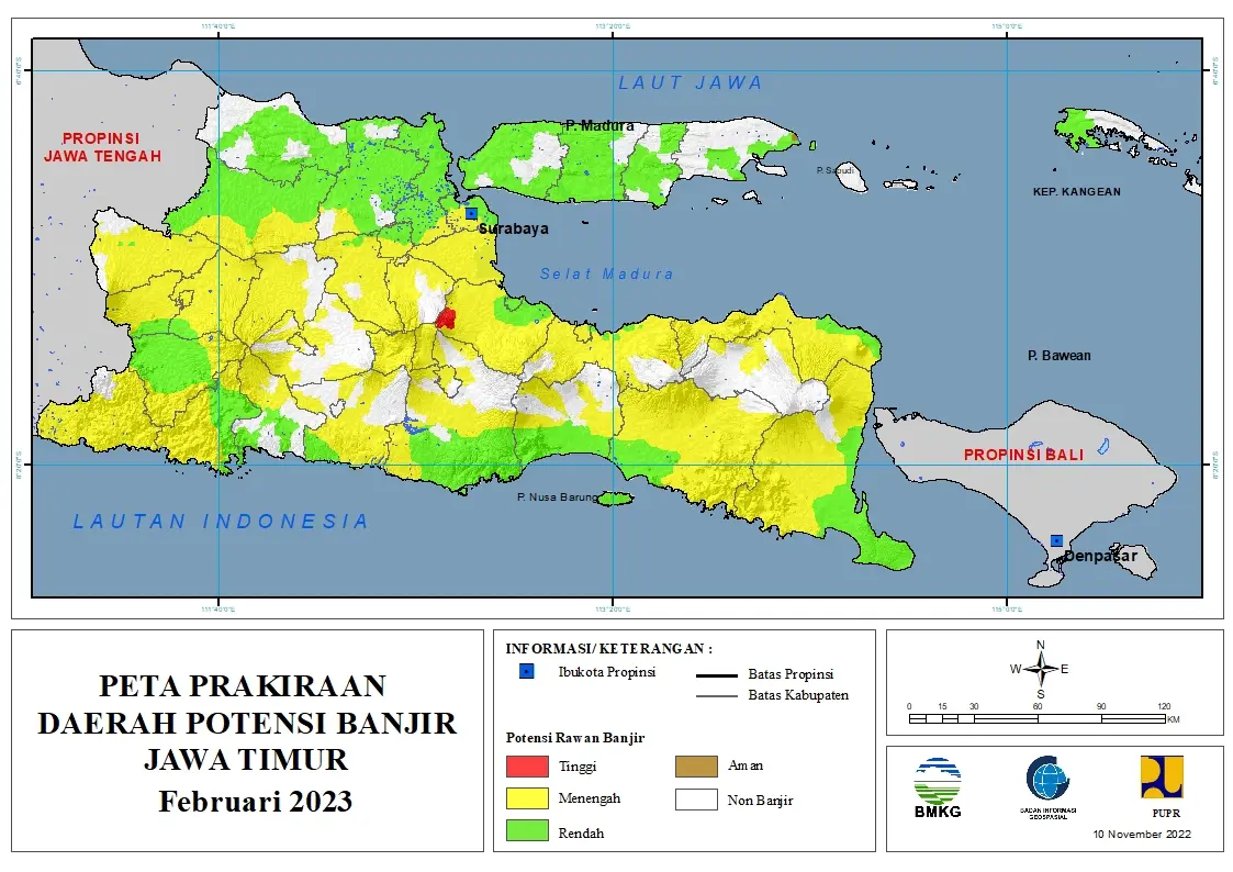 ( Prakiraan - Bulanan ) Daerah Potensi Banjir di Provinsi Jawa Timur untuk Bulan FEBRUARI Tahun 2023 Update 10 November 2022