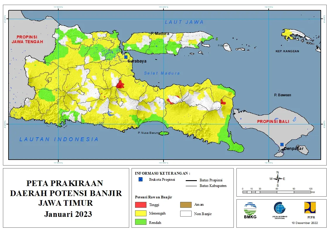 ( Prakiraan - Bulanan ) Daerah Potensi Banjir di Provinsi Jawa Timur untuk Bulan JANUARI Tahun 2023 Update 10 Desember 2022