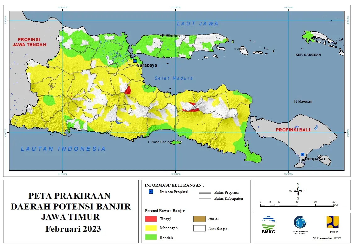 ( Prakiraan - Bulanan ) Daerah Potensi Banjir di Provinsi Jawa Timur untuk Bulan FEBRUARI Tahun 2023 Update 10 Desember 2022