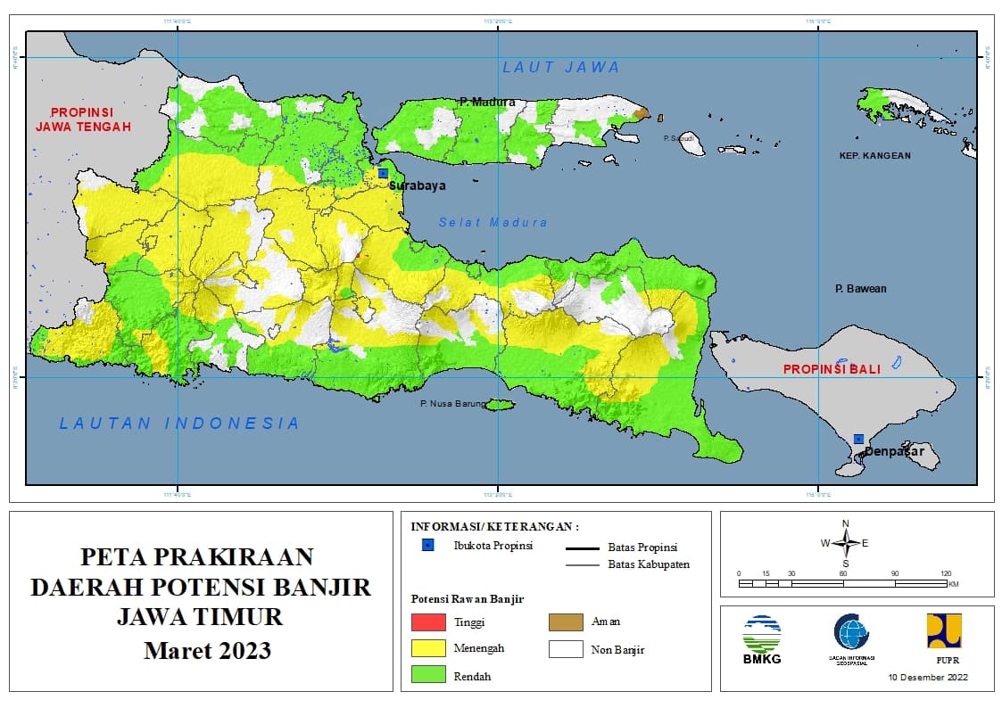 ( Prakiraan - Bulanan ) Daerah Potensi Banjir di Provinsi Jawa Timur untuk Bulan MARET Tahun 2023 Update 10 Desember 2022