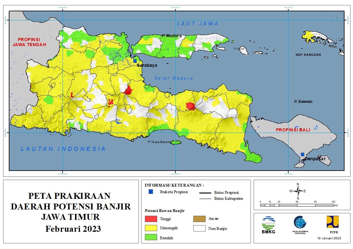 ( Prakiraan - Bulanan ) Daerah Potensi Banjir di Provinsi Jawa Timur untuk Bulan FEBRUARI Tahun 2023 Update 10 Januari 2023