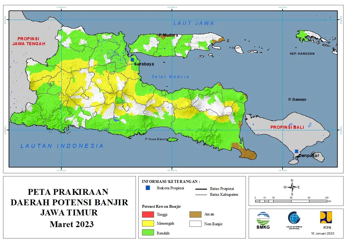 ( Prakiraan - Bulanan ) Daerah Potensi Banjir di Provinsi Jawa Timur untuk Bulan MARET Tahun 2023 Update 10 Januari 2023