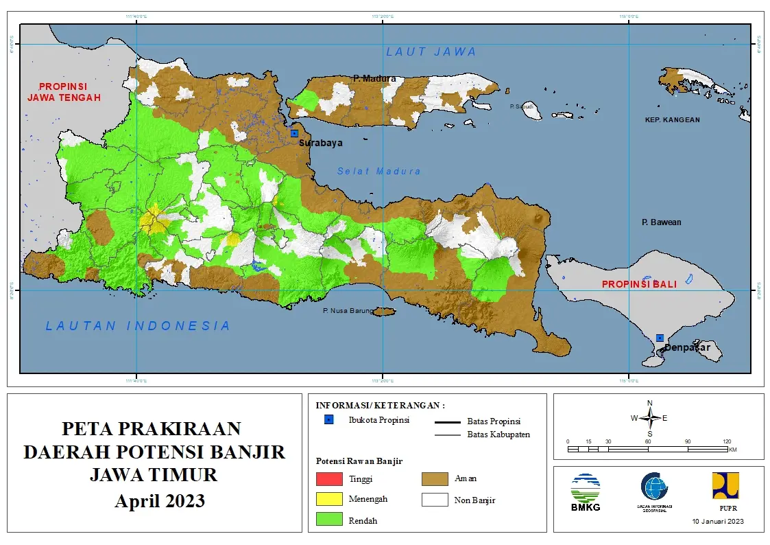 ( Prakiraan - Bulanan ) Daerah Potensi Banjir di Provinsi Jawa Timur untuk Bulan APRIL Tahun 2023 Update 10 Januari 2023