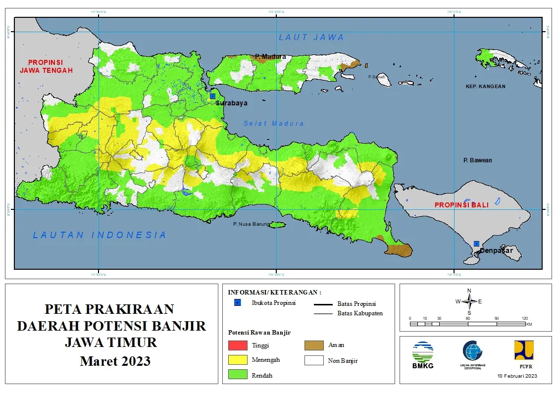 ( Prakiraan - Bulanan ) Daerah Potensi Banjir di Provinsi Jawa Timur untuk Bulan MARET Tahun 2023 Update 10 Februari 2023