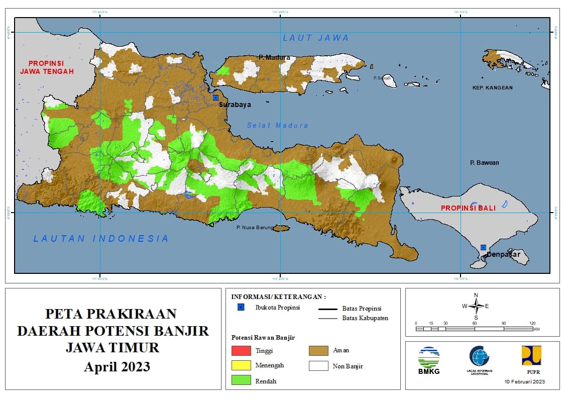 ( Prakiraan - Bulanan ) Daerah Potensi Banjir di Provinsi Jawa Timur untuk Bulan APRIL Tahun 2023 Update 10 Februari 2023