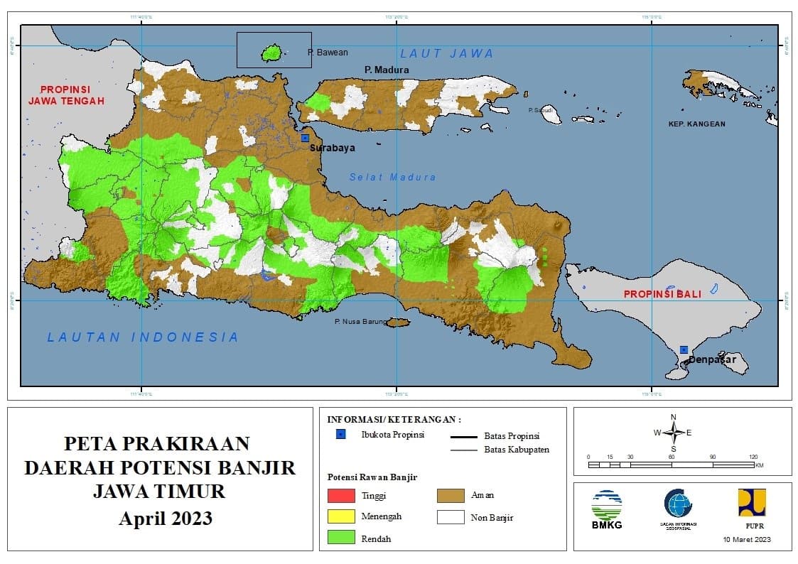 ( Prakiraan - Bulanan ) Daerah Potensi Banjir di Provinsi Jawa Timur untuk Bulan APRIL Tahun 2023 Update 10 Maret 2023
