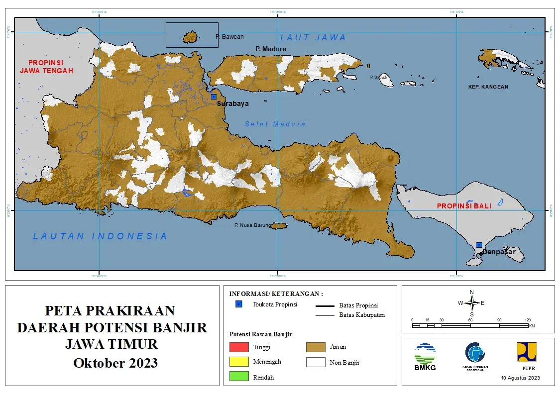 ( Prakiraan - Bulanan ) Daerah Potensi Banjir di Provinsi Jawa Timur untuk Bulan OKTOBER Tahun 2023 Update 10 OKTOBER 2023