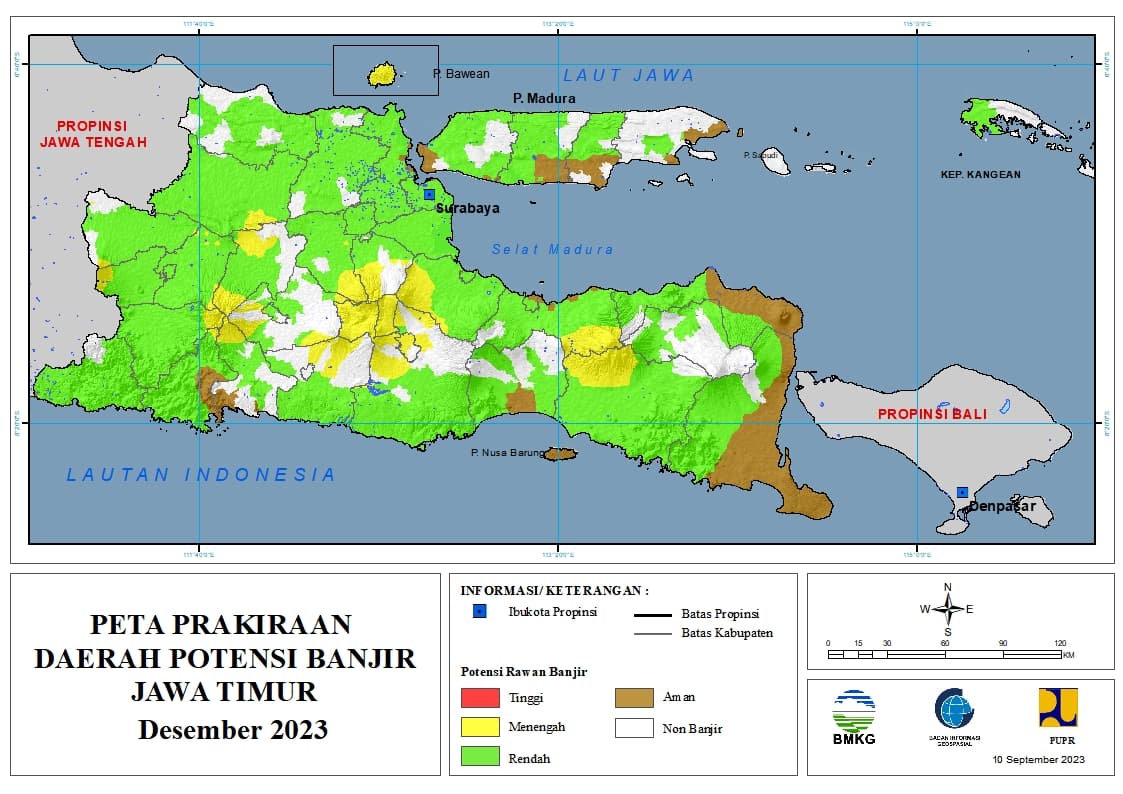 ( Prakiraan - Bulanan ) Daerah Potensi Banjir di Provinsi Jawa Timur untuk Bulan DESEMBER Tahun 2023 Update 10 September 2023