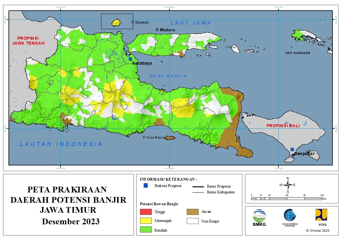 ( Prakiraan - Bulanan ) Daerah Potensi Banjir di Provinsi Jawa Timur untuk Bulan DESEMBER Tahun 2023 Update 10 Oktober 2023