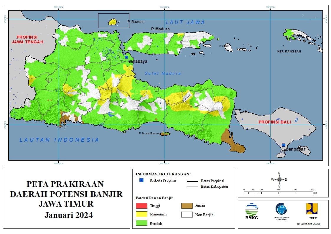 ( Prakiraan - Bulanan ) Daerah Potensi Banjir di Provinsi Jawa Timur untuk Bulan JANUARI Tahun 2024 Update 10 Oktober 2023