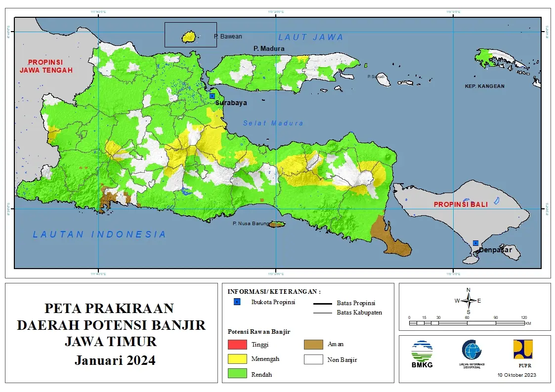 ( Prakiraan - Bulanan ) Daerah Potensi Banjir di Provinsi Jawa Timur untuk Bulan JANUARI Tahun 2024 Update 10 Oktober 2023