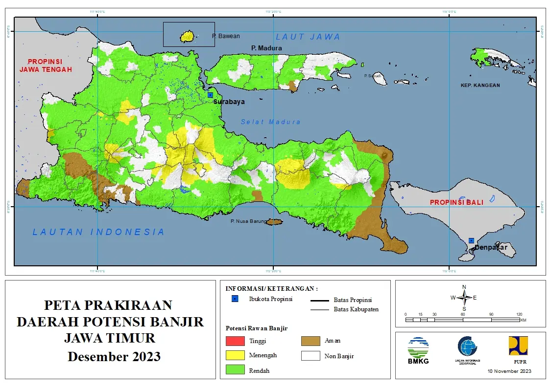 ( Prakiraan - Bulanan ) Daerah Potensi Banjir di Provinsi Jawa Timur untuk Bulan DESEMBER Tahun 2023 Update 10 November 2023