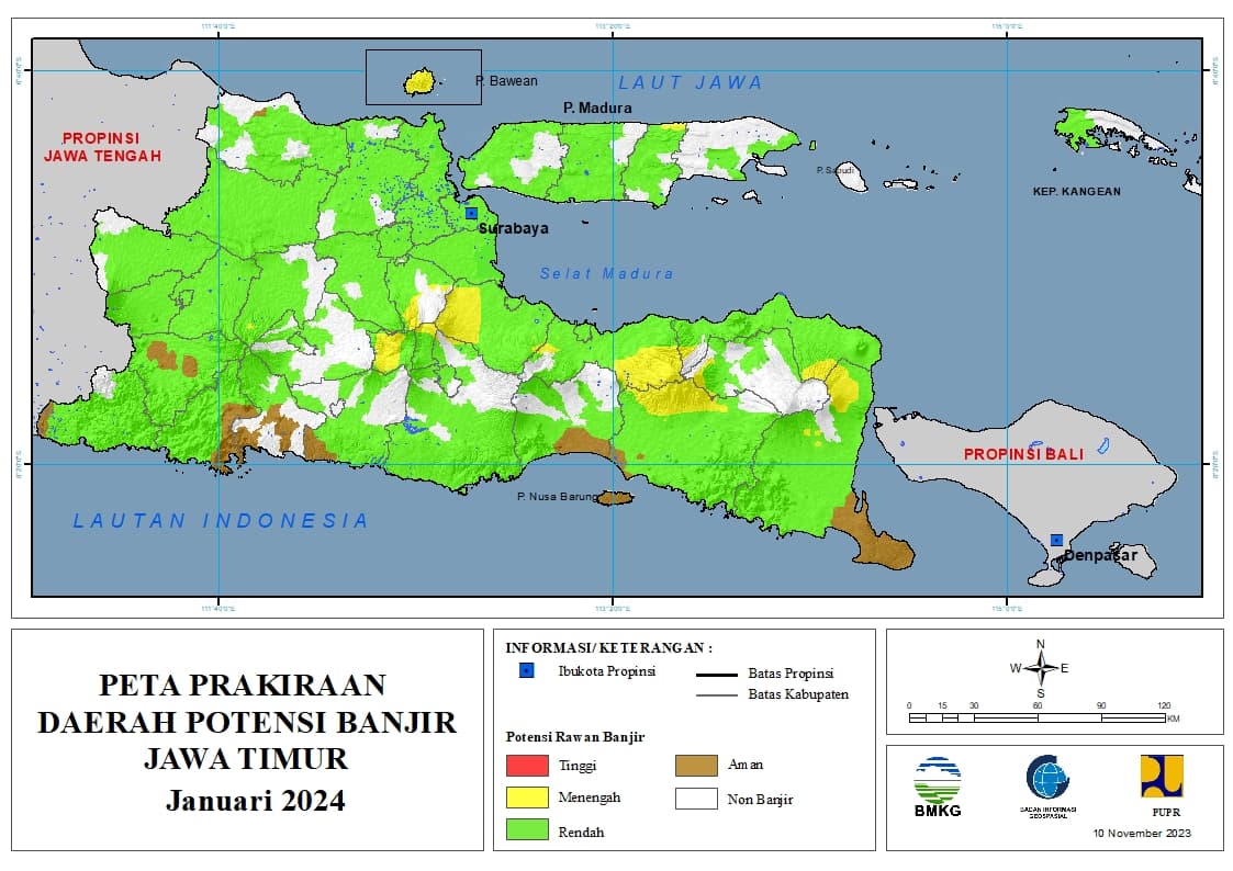 ( Prakiraan - Bulanan ) Daerah Potensi Banjir di Provinsi Jawa Timur untuk Bulan JANUARI Tahun 2024 Update 10 November 2023