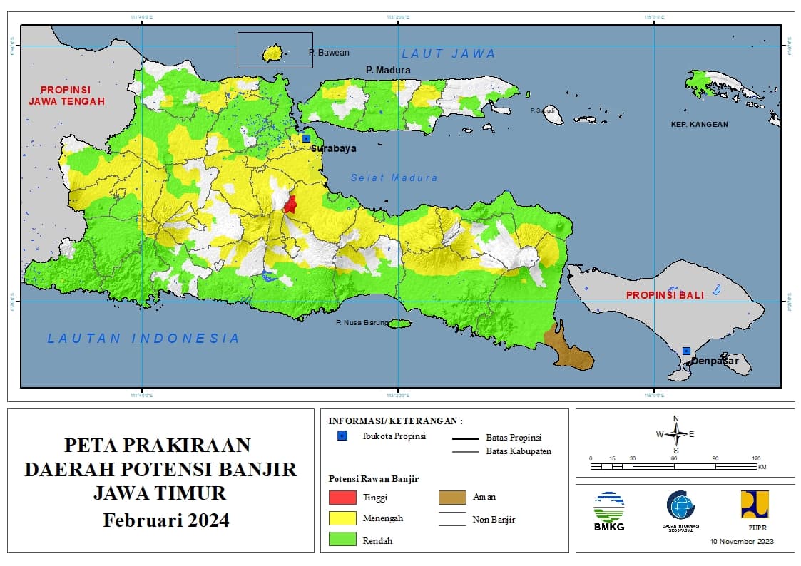 ( Prakiraan - Bulanan ) Daerah Potensi Banjir di Provinsi Jawa Timur untuk Bulan FEBRUARI Tahun 2024 Update 10 November 2023