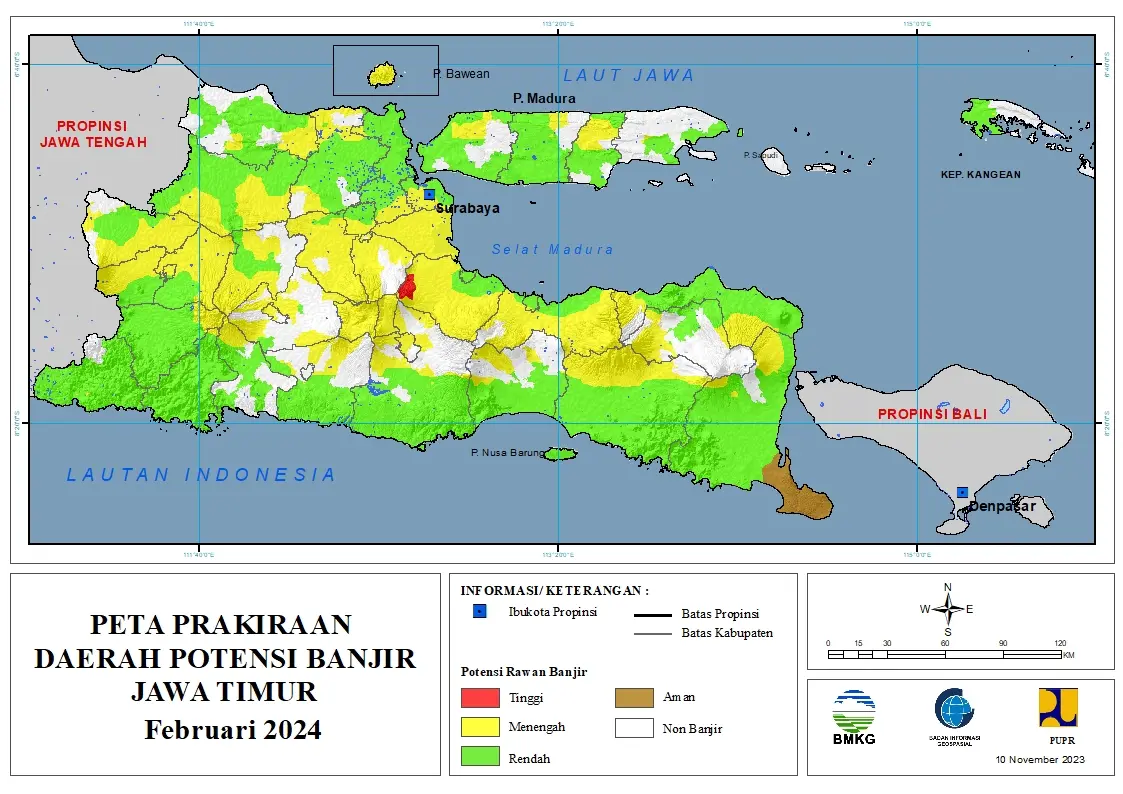 ( Prakiraan - Bulanan ) Daerah Potensi Banjir di Provinsi Jawa Timur untuk Bulan FEBRUARI Tahun 2024 Update 10 November 2023