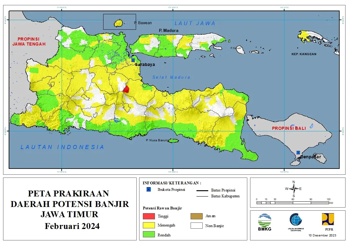 ( Prakiraan - Bulanan ) Daerah Potensi Banjir di Provinsi Jawa Timur untuk Bulan FEBRUARI Tahun 2024 Update 10 Desember 2023